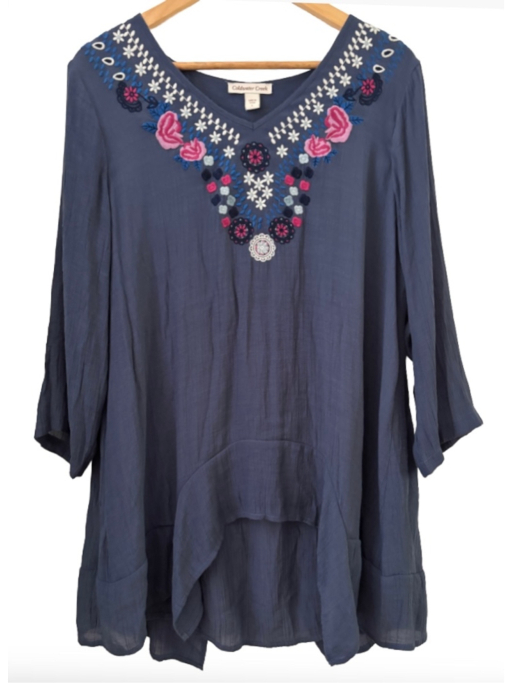 Coldwater Creek SZ L blu & multi embr gauze tunic #coastal grandma #boho